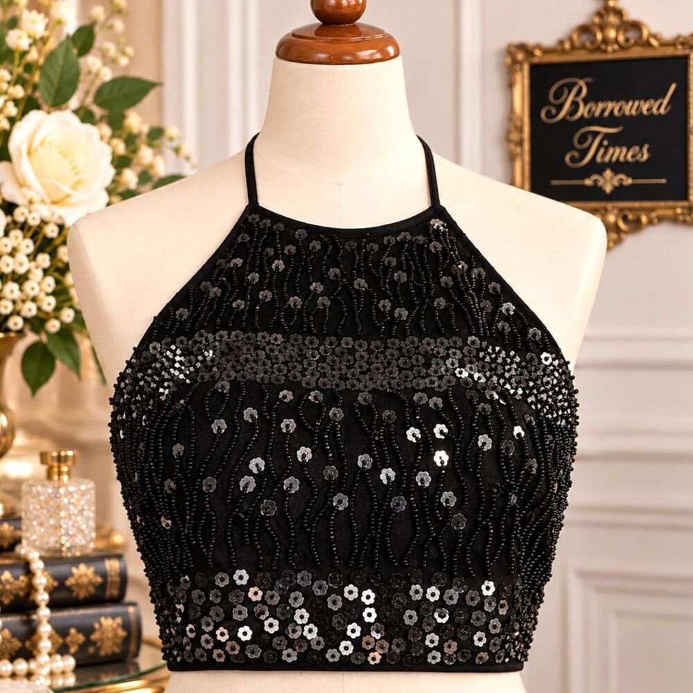 Vintage Clothes Compact Black Sequin Halter Top One Size Goth Y2K Party
